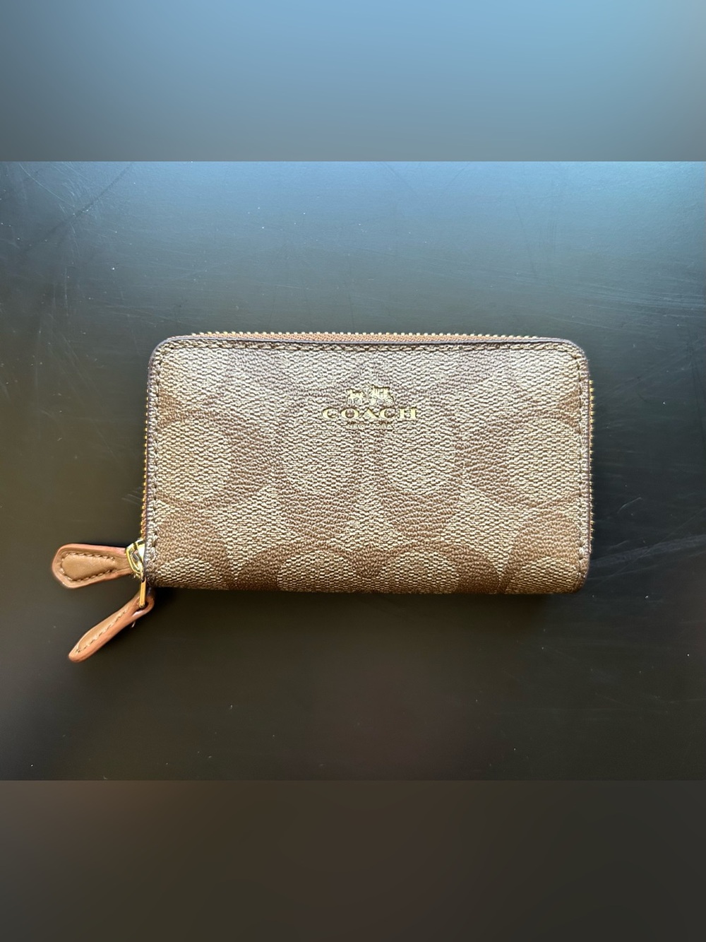 Small Coach Double-Zip Card Holder in Brown Canvas